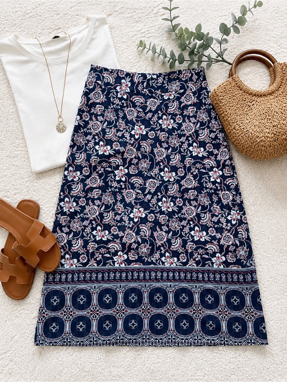 Talbots Medium Navy, red and white Floral Border Print Pull-On Knit Midi Skirt